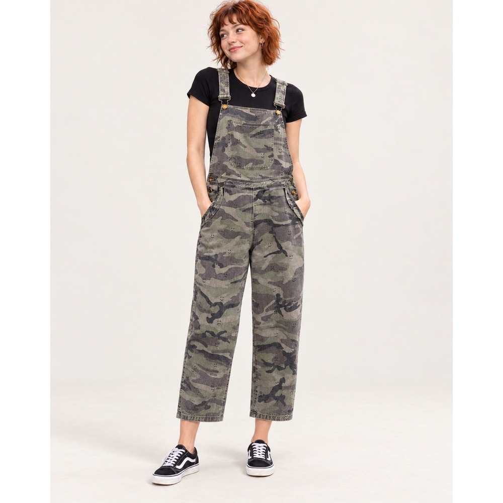 Lazy Oaf Women's Small Happy Sad Camo Wide Leg Overalls Dungarees